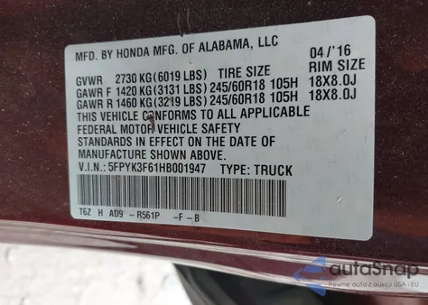 2017 Honda Ridgeline Rtl-T z USA, uszkodzony, nr VIN 5FPYK3F61HB001947